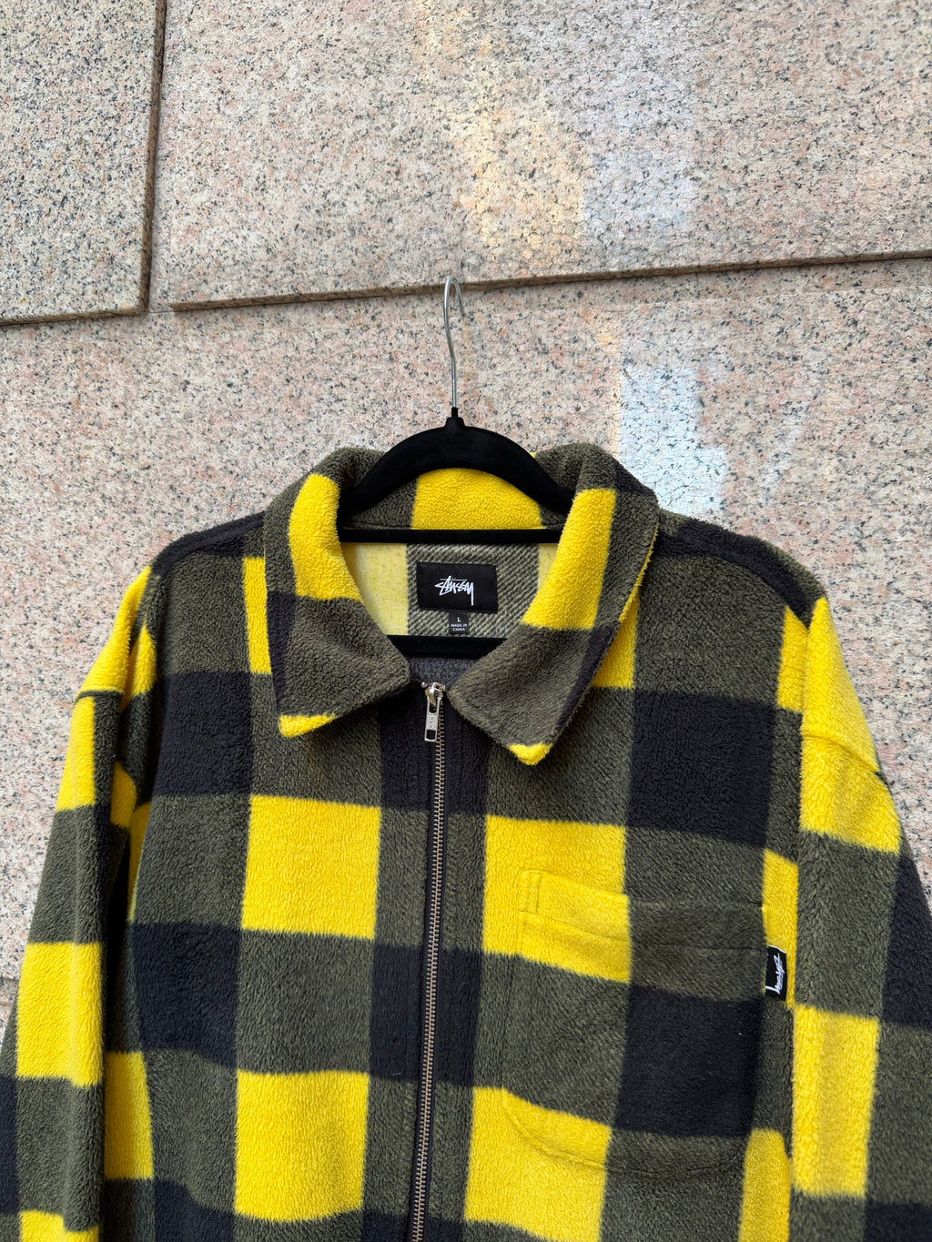 Stussy Jacket Pile Zip Yellow Check Green- L (USED)