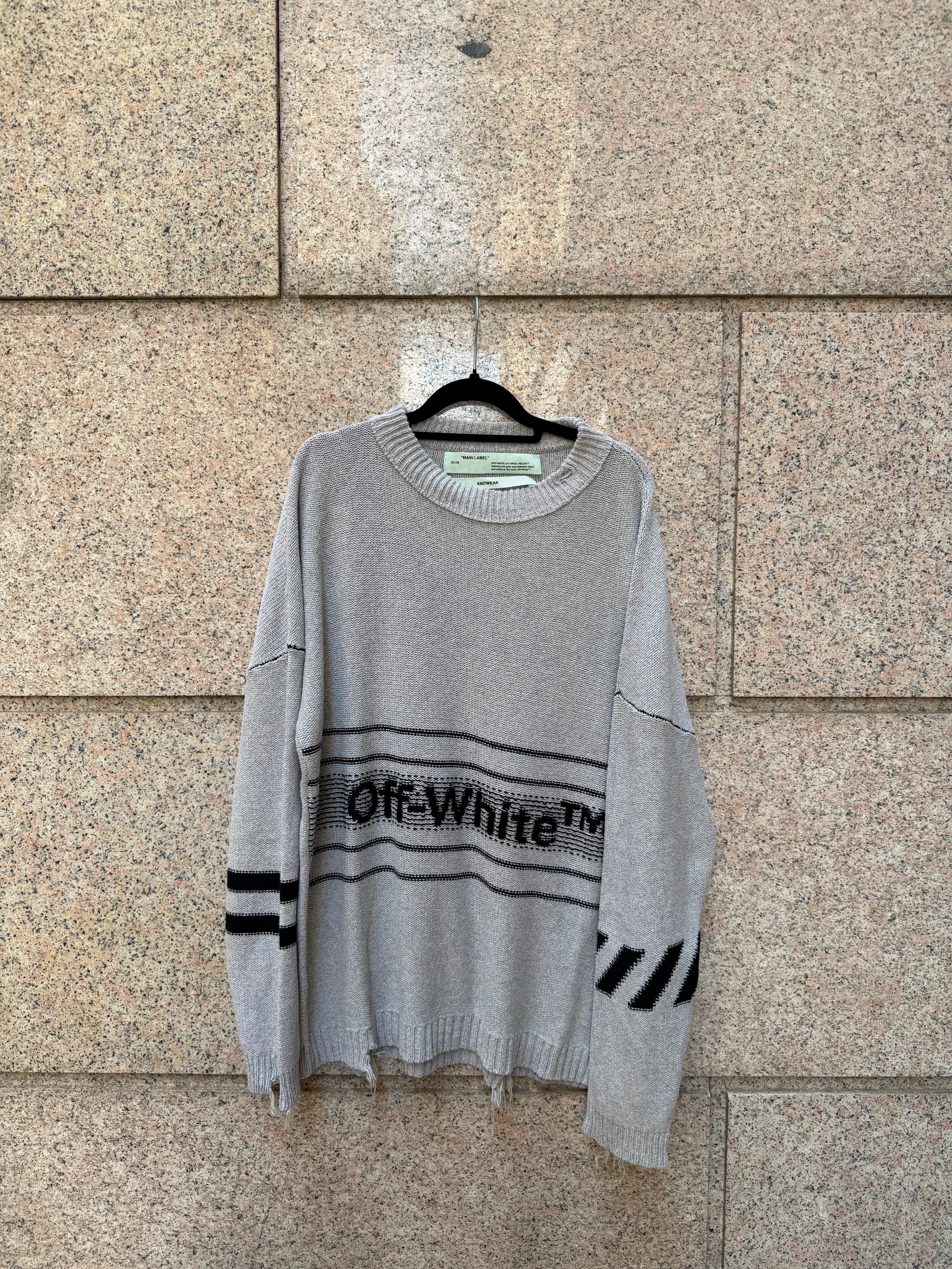 Off-White Distressed Logo Intarsia Sweater Grey - M (USED)