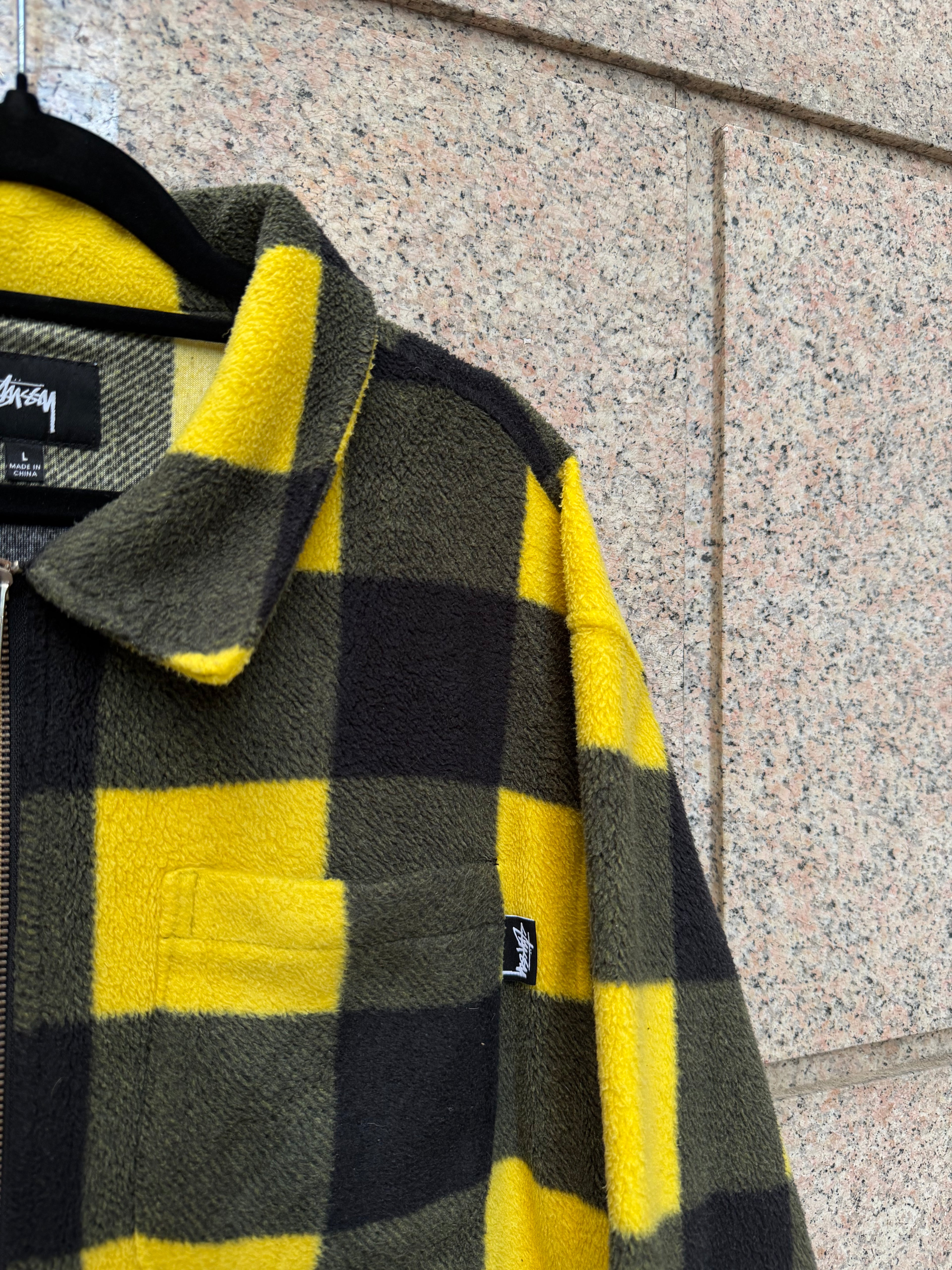 Stussy Jacket Pile Zip Yellow Check Green- L (USED)