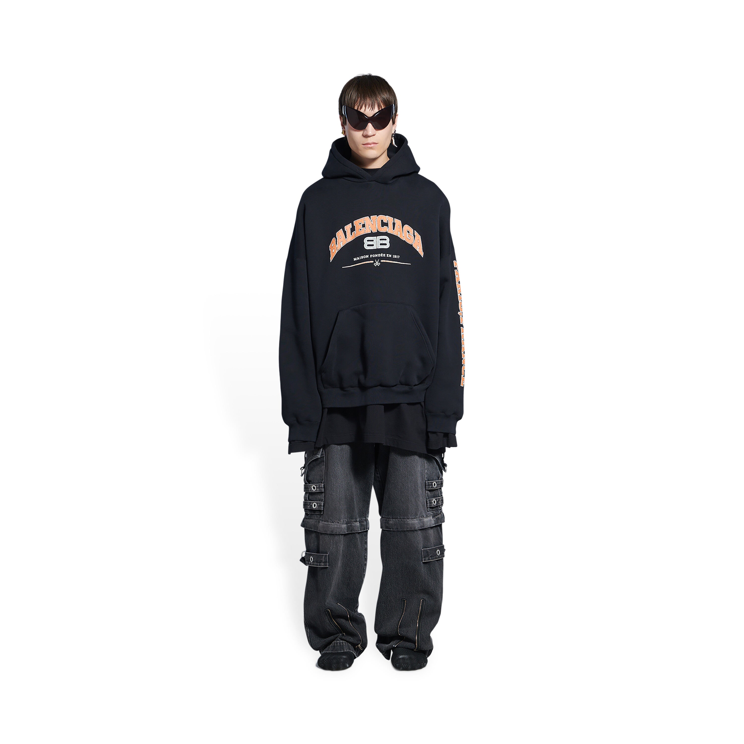 BALENCIAGA Logo-print Jersey Hoodie In Black Orange White