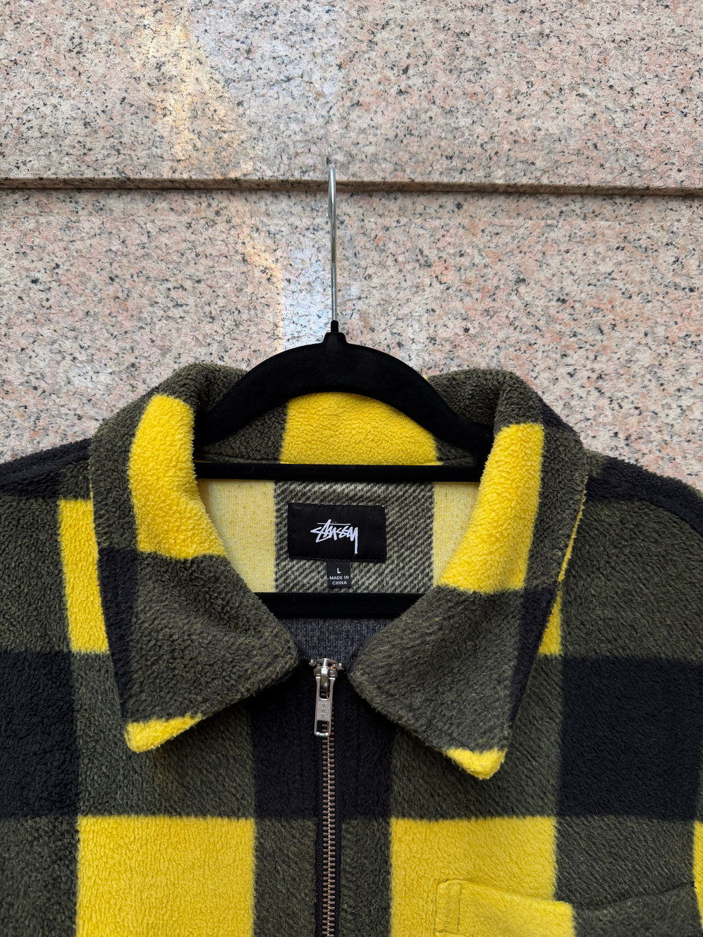 Stussy Jacket Pile Zip Yellow Check Green- L (USED)