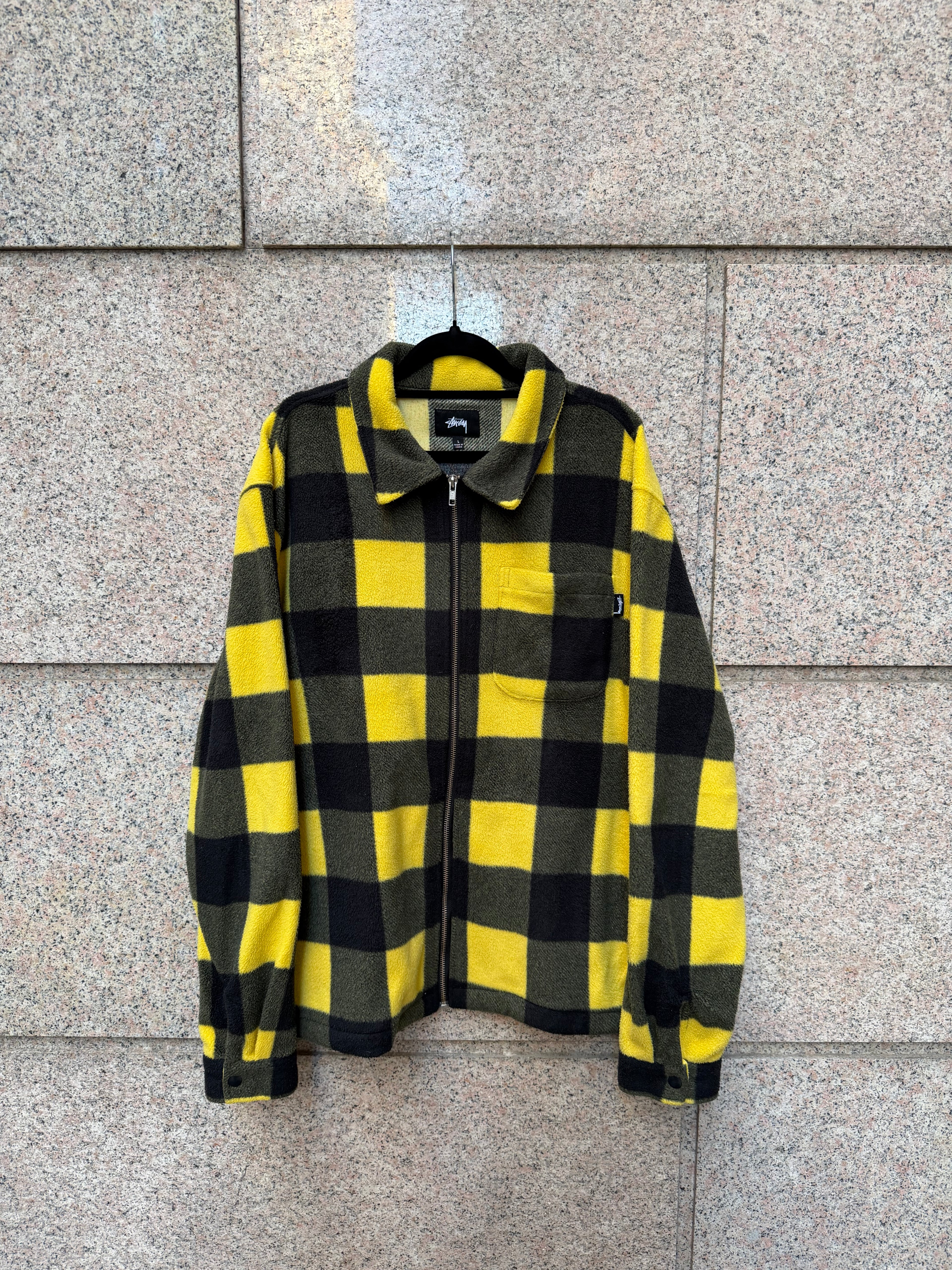 Stussy Jacket Pile Zip Yellow Check Green- L (USED)