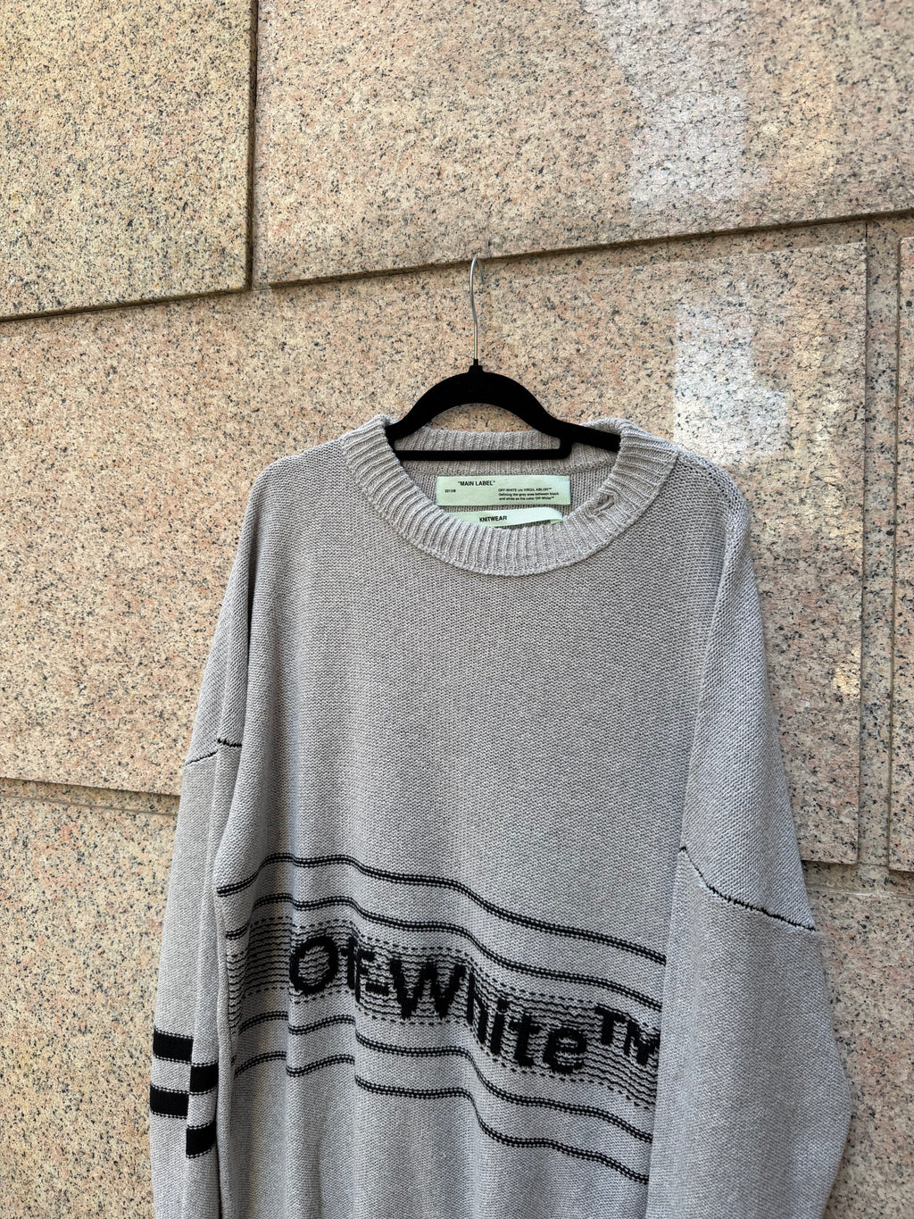 Off-White Distressed Logo Intarsia Sweater Grey - M (USED)