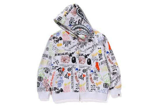 A Bathing Ape BAPE Shark Zip Hoodie Hand Draw White